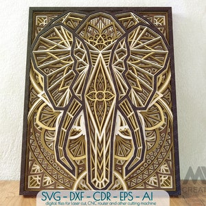 May include: A layered wooden art piece featuring an elephant design. The artwork uses shades of brown, gold, and white, with intricate geometric patterns. The text "SVG - DXF - CDR - EPS - AI" is visible at the bottom, indicating digital files for laser cutting.