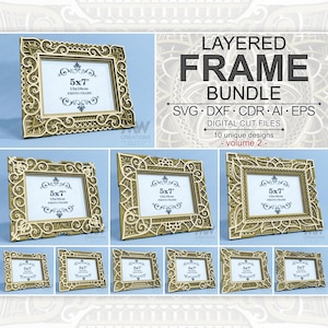 May include: A set of 10 layered, intricate, decorative photo frame designs for 5x7 inch photos. The frames are made of gold-colored material and have a delicate, ornate pattern. The designs are perfect for laser cutting and are available in SVG, DXF, CDR, AI, and EPS formats.