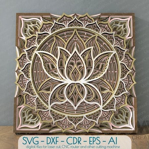Multistrato Lotus Mandala SVG Dxf, Layered Flower Mandala SVG, 3d Svg Mandala per il taglio, Multilayer Wall Art dxf Laser cut file - M015a