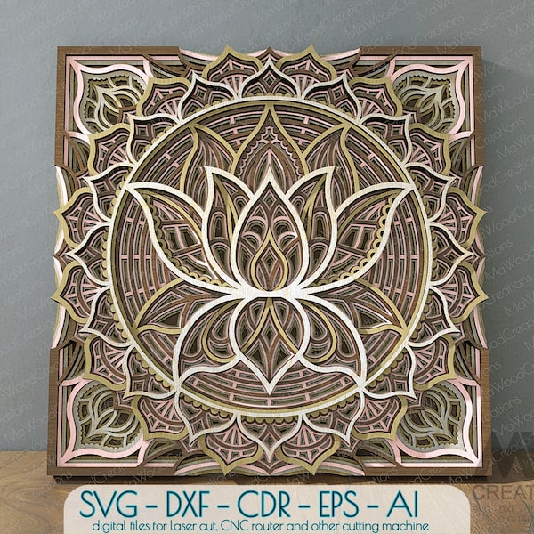 Mehrschichtiges Lotus-Mandala SVG-Dxf, geschichtetes Blumen-Mandala SVG, 3D-Svg-Mandala zum Schneiden, mehrschichtige Wandkunst dxf Lasergeschnittene Datei - M015a