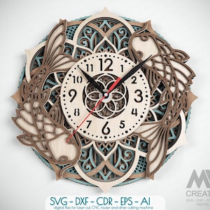 May include: A decorative wooden wall clock featuring a koi fish design. The clock has a light wood face with black numerals and hands, and a red second hand. The clock is surrounded by a layered design with blue and brown accents. The text "SVG - DXF - CDR - EPS - AI" is visible.