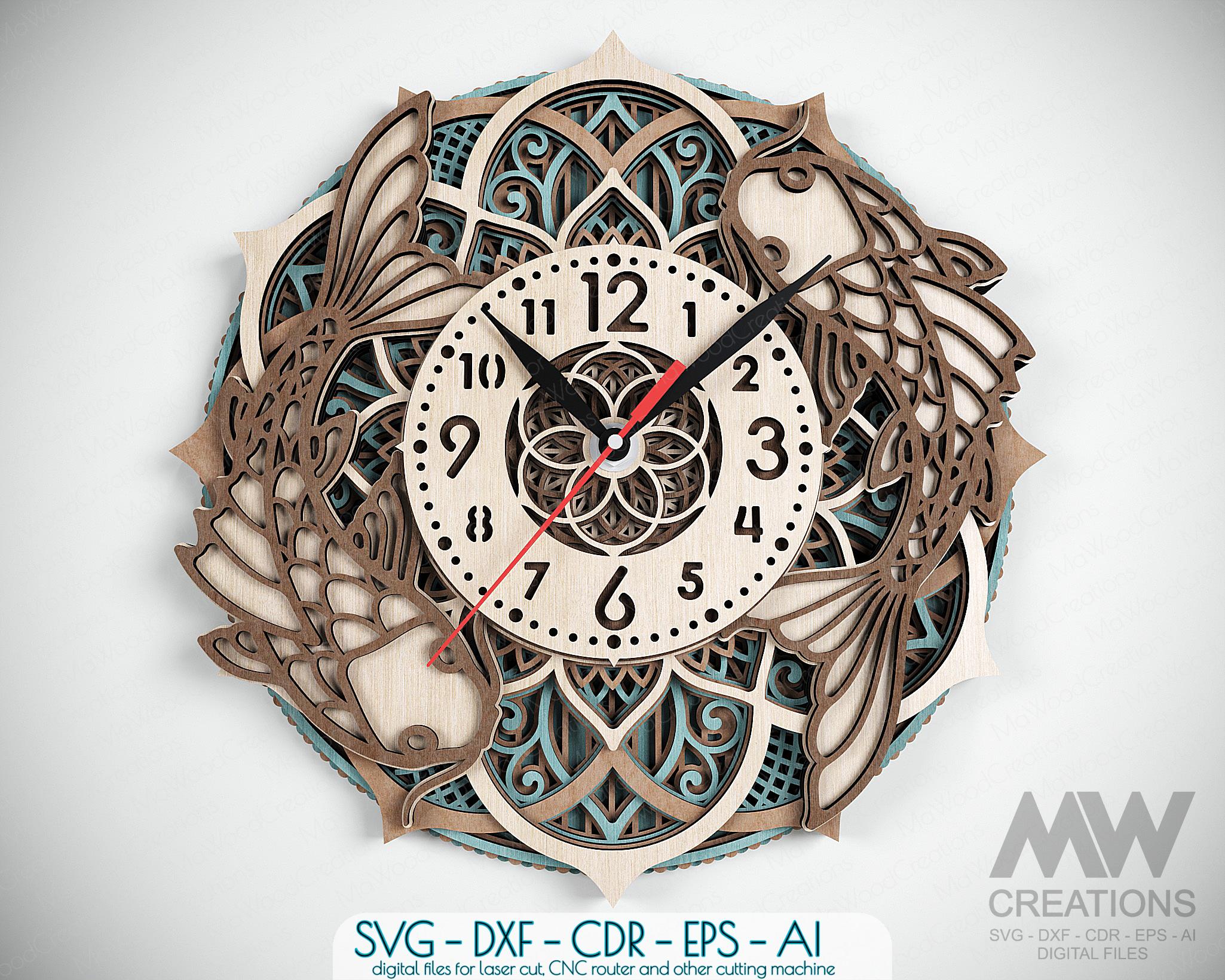 Layered Laser Cut Clock Template Multilayer Koi Fish Clock SVG Dxf ...