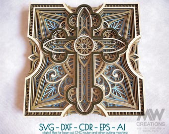 Cruz cortada con láser en formato SVG, archivos SVG de cruz mandala 3D para láser, cruz en capas para Cricut, cruz religiosa en formato SVG, cruz en capas 3D para Glowforge - CR81