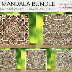 Puede incluir: Un conjunto de cinco diseños de mandala 3D para corte por láser. Los diseños son intrincados y detallados, y serían hermosas decoraciones para cualquier hogar. Los diseños están disponibles en formatos SVG, DXF, CDR, AI y EPS. - volumen 11 -