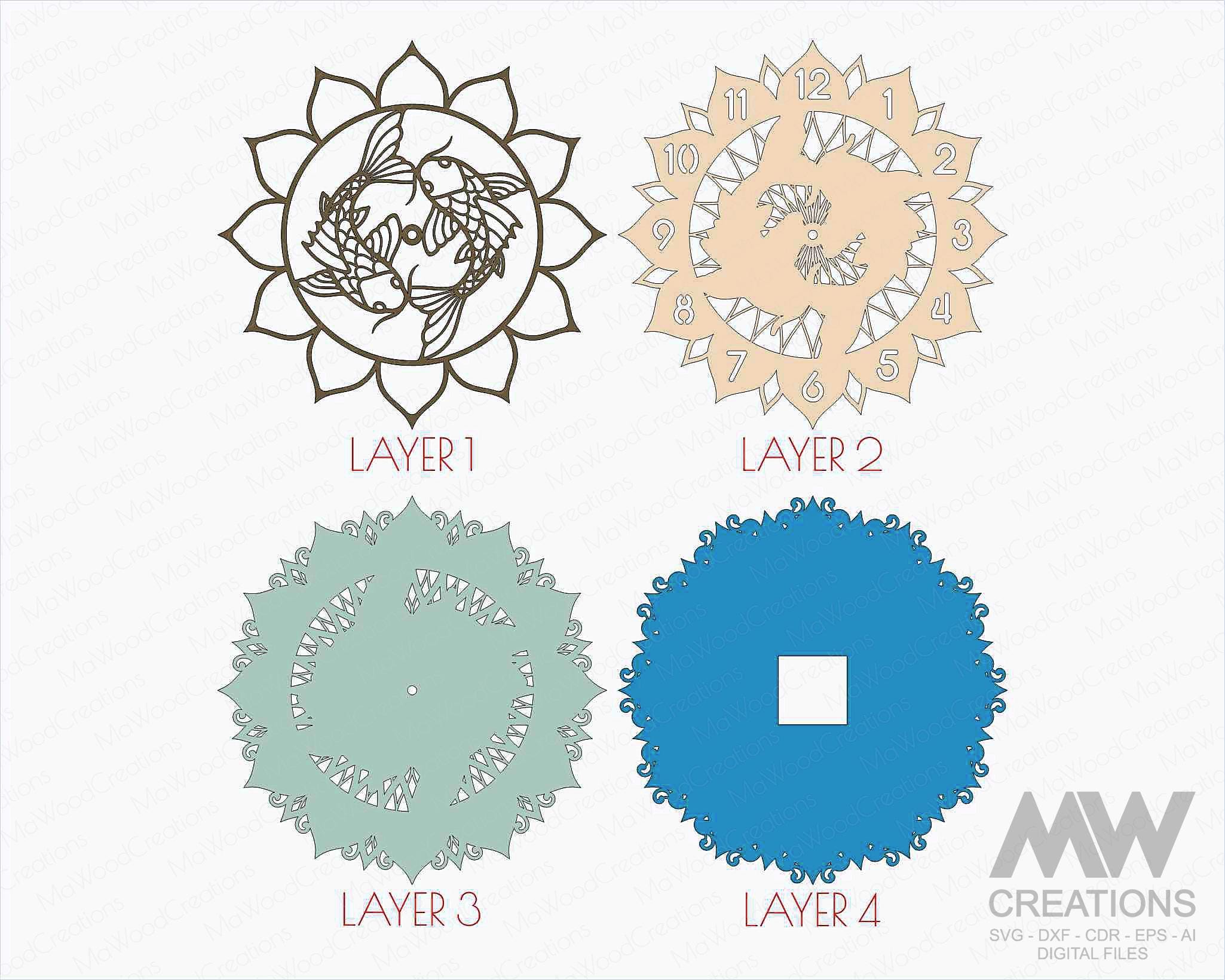 Laser Cut Clock Template Layered Koi Fish Clock Svg Dxf Multi-layer ...
