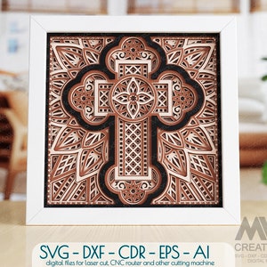 Shadowbox Mandala Cross SVG, Cricut Cross Layered SVG, Multilayer Cross Laser cut file, Cross svg dxf 3D Layered Cross voor Glowforge - Cr39a