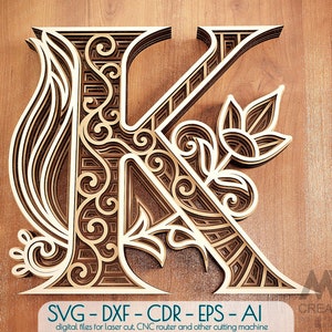 Letra K en capas, letras en capas SVG, letras multicapa, letras SVG DXF, letras cortadas con láser, letras Cricut, letras Svg de monograma