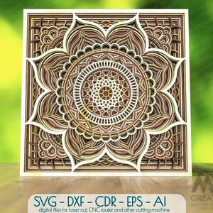 Lasergesneden Mandala SVG-bestand, 3D-laag Mandala SVG, Flower Mandala-snijbestanden, Mandala Layered dxf-bestand, Multilayer Svg voor lasercut M049a