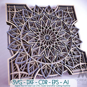 7 strati Mandala SVG Dxf, Laser cut Flower Mandala SVG, File Mandala Cnc Laser a più strati, 3D Mandala SVG Dxf Laser cut Template - M40