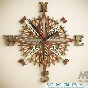 Bussola Orologio Svg File tagliati al laser, Orologio in formato Svg a strati 3d, Orologio in formato SVG mandala rosa dei venti, Design dell'orologio a strati, Glowforge Clock Wall art SVG C51