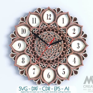 Orologio multistrato SVG Dxf, Orologio a 5 strati Svg, Orologio tagliato al laser, Orologio Mandala fiore Svg, Orologio SVG a livello 3D, File di taglio orologio Glowforge C06