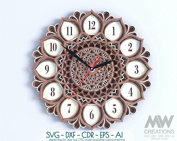 Laser Cut Clock SVG Dxf, Layered Mandala Clock Svg, 3d Svg Clock Files ...