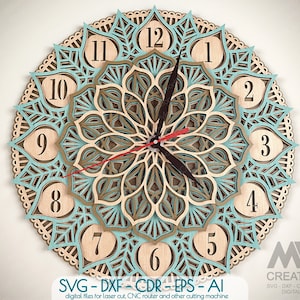 Laser Cut Mandala Clock Svg Dxf, File di taglio orologio a 5 strati, Orologio multistrato tagliato al laser, Orologio SVG a livello 3D, File di taglio dell'orologio Glowforge C25