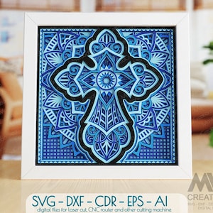 May include: A blue and white intricate cross design with a mandala pattern. The design is framed in a white frame. The image includes the text "SVG - DXF - CDR - EPS - AI" and "digital files for laser cut, CNC router and other cutting machine".