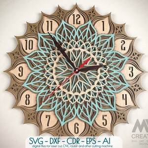 May include: A teal and brown wooden clock with a mandala design and Roman numeral hour markers. The clock is designed for laser cutting and CNC routing.
