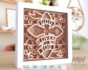 Shadow box Cross SVG, God Loves You Svg, Cricut Cross SVG, Layer Svg Cross, Religious Cross svg dxf, 3D Layered Cross for Glowforge - Cr52