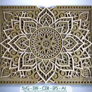 Mandala SVG Dxf tagliato al laser, Mandala rettangolare SVG, file laser Cnc Mandala multistrato, Mandala fiore 3D SVG Dxf, Arte in legno 3D a strati M224