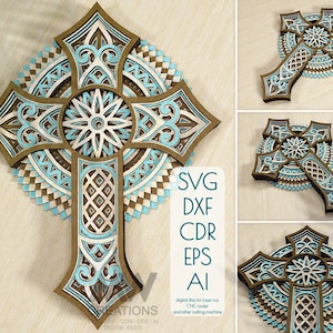 3d Layer Cross SVG for Cricut, Glowforge Mandala Cross, Religious Mandala Cross SVG Dxf, Laser cut file Cross Svg Dxf, 3D SVG Cross - Cr24a