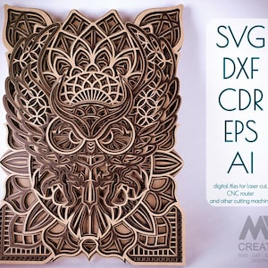 Laser cut Owl Mandala SVG Dxf, 3d Layer Owl Mandala SVG, modello Owl Mandala multistrato, Glowforge 3D Mandala Svg, Laser Cut Mandala - M43