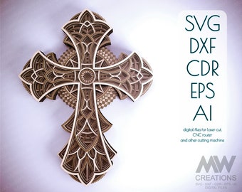 May include: A detailed, intricate, laser-cut wooden cross design. The cross is made up of multiple layers of wood, creating a 3D effect. The design features a geometric pattern with a circular center. The image includes the text "SVG DXF CDR EPS AI digital files for laser cut CNC router and other cutting machine MW CREATIONS SVG-DXF-CDR-EPS-AI DIGITAL FILES".