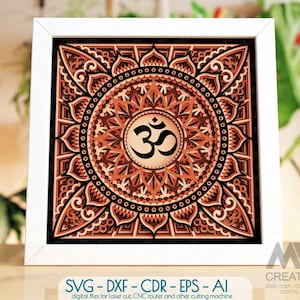Mandala in formato Svg a strati, modello di papercut multistrato Om Mandala, simbolo Aum Mandala in formato Svg, modello di scatola luminosa, cartoncino Mandala SVG Dxf - 047_SB