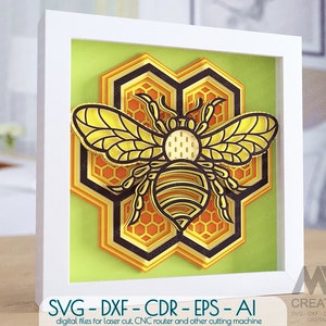 Peut inclure: Une abeille en papier découpé en plusieurs couches, placée dans un nid d'abeilles. L'abeille est jaune et noire avec un design détaillé. Le nid d'abeilles est composé de plusieurs couches de papier, créant un effet 3D.