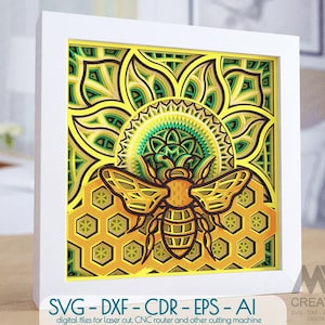May include: A digital file for laser cutting, CNC routing, or other cutting machines. The design features a bee with intricate details, surrounded by honeycomb and a mandala-like flower.