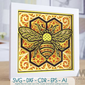 3d Svg Bee Shadow Box Mandala pour Cricut, Layered Bee Paper cut Template, Bee Mandala 3d Light Box Template, Cardstock Mandala SVG - M207