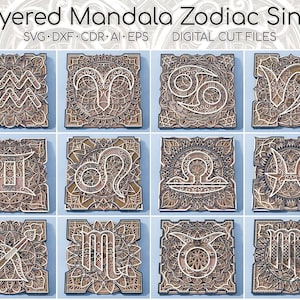 Layser gesneden Zodiac Sings Bundle, Multi layer Zodiac Mandala Svg Dxf, Gelaagde Zodiac Signs gesneden bestanden, Lasergesneden Horoscoop Astrologie Bundel