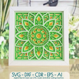 Könnte beinhalten: Gerahmtes, mehrschichtiges Papierkunstwerk mit einem floralen Design in Grün-, Gelb- und Weißtönen. Der Rahmen ist weiß. Der Text am unteren Rand lautet "SVG - DXF - CDR - EPS - AI" und "digitale Dateien für Laserschnitt, CNC-Fräser und andere Schneidemaschinen."