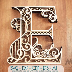 Letra E en capas, letras en capas SVG, letras multicapa, letras SVG DXF, letras cortadas con láser, letras Cricut, letras Svg de monograma