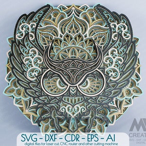 Lasergeschnittenes Eulen-Mandala SVG-Dxf, 3D-Eulen-Svg, mehrschichtige Eulen-Mandala-Schnittdatei, Glowforge-Svg-Eulen-Mandala, geschichtete Tiere-Mandala-Svg - A08
