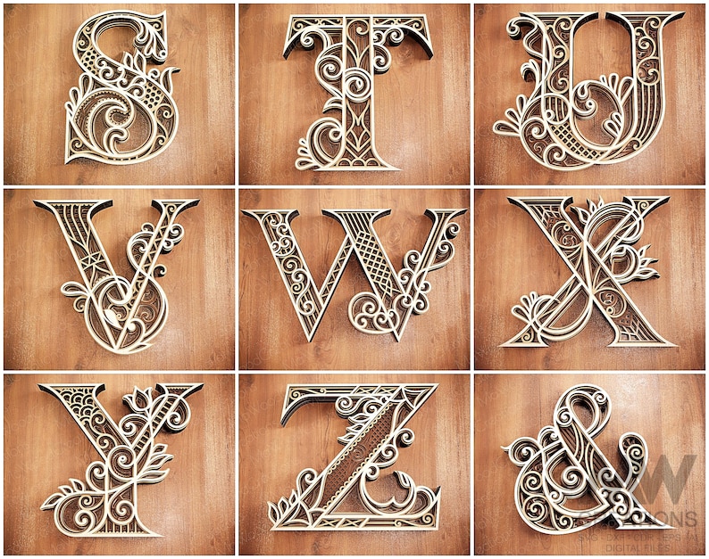 Pakiet liter wielowarstwowych, pakiet liter A-Z SVG, laserowo wycinane litery SVG DXF, pakiet alfabetu 3D, wielowarstwowe litery wycinane z papieru zdjęcie 4