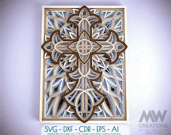 Corte láser Cruz Svg Dxf, Cruz multicapa, Cricut Cross SVG, Layer Svg Cross, Cruz religiosa svg dxf, Cruz en capas 3D para Glowforge -Cr36