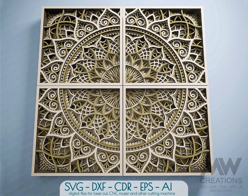 May include: A set of four laser cut wood panels with intricate geometric designs. The panels are arranged in a square shape, with each panel featuring a different section of a larger mandala pattern. The design is in shades of brown and beige.