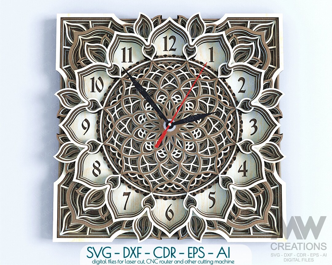 Laser Cut Clock SVG Dxf, Layered Mandala Clock Svg, 3d Svg Clock Files ...