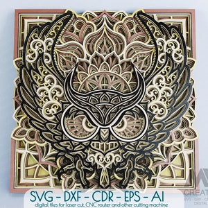 Laser cut Multilayer Owl SVG Dxf, 3D Owl Svg, Layered Owl Mandala cut file, Glowforge Svg Owl Mandala, Layered Animals Mandala Svg - A09