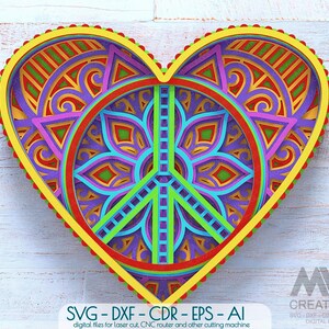 May include: A multi-layered heart-shaped wall art piece featuring a central peace sign, intricate geometric and floral cutouts in vibrant shades of yellow, orange, red, purple, blue, and green, with the text SVG - DXF - CDR - EPS - AI at the bottom.
