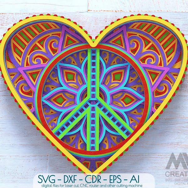 3D Layered Hippie Heart SVG | Mandala Heart Laser Cut File | Groovy Retro Cricut Design | Glowforge Wood Cut File | Multi Layer Mandala DXF