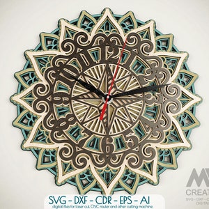 Kompasklok Lasergesneden bestanden, Multi Layer Compass Clock, Mandala Clock Svg, Gelaagde SVG Klok, Glowforge Svg Layer Compass Clock - C47