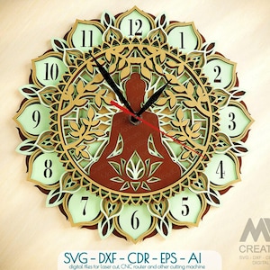 Pode incluir: Um relógio de estilo mandala com uma figura meditando no centro. O mostrador do relógio é rodeado por um design decorativo com folhas verdes e marrons. O mostrador do relógio tem algarismos romanos e uma mão vermelha.