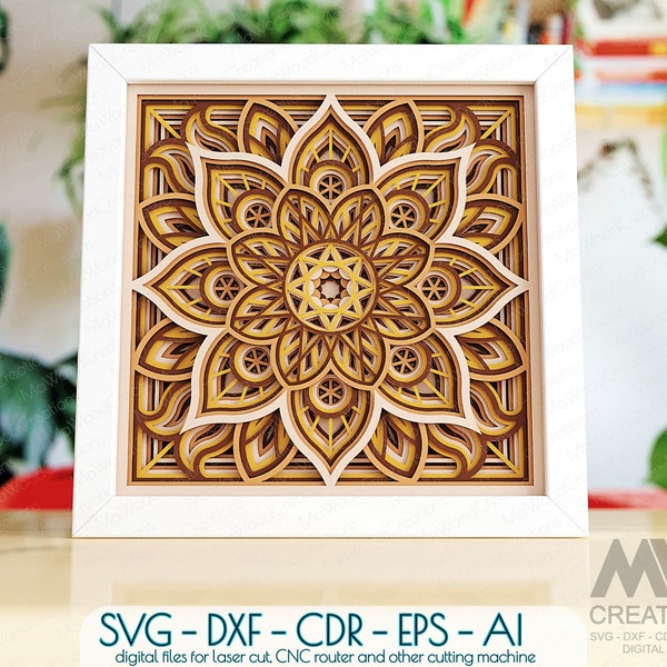 Shadow Box Svg Mandala, 3d Flowers Mandala Shadow box Papercut, Layered Mandala Svg, Light Box Template, Cardstock Mandala SVG Dxf - 019_SB