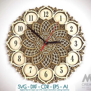 Orologio tagliato al laser SVG Dxf, Orologio Mandala a strati Svg, Orologio multistrato Svg, Orologio SVG a strati 3D, Orologio Glowforge Mandala Wall Art Svg - C38