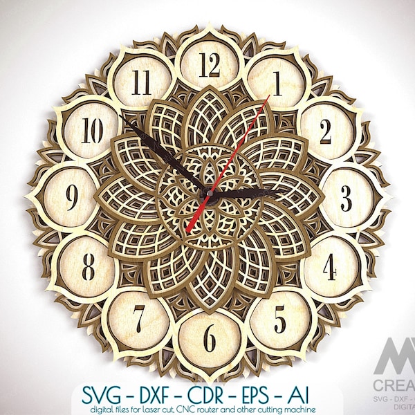 Lasergeschnittene Uhr SVG Dxf, Layered Mandala Uhr SVG, Mehrschichtige Uhr SVG, 3D Layer SVG Uhr, Glowforge Uhr Mandala Wandkunst SVG - C38