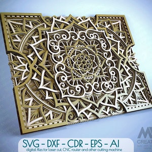 Mandala multistrato SVG Dxf, Mandala rettangolare tagliato al laser SVG Dxf, design Mandala a pannelli a strati tagliato al laser, Glowforge Svg Layer Mandala -M223