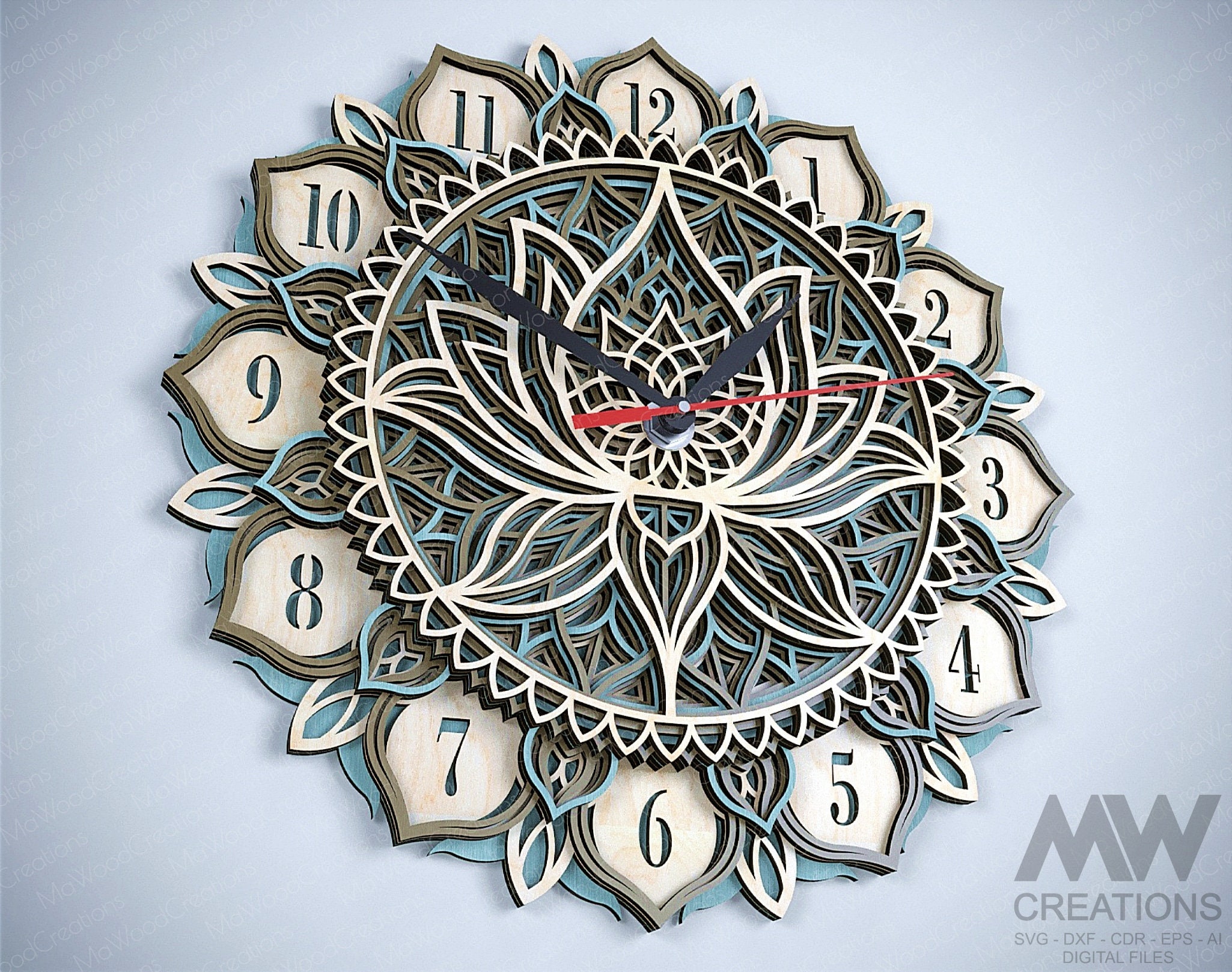 Laser Cut Clock SVG Dxf, Layered Lotus Mandala Clock Svg, Multi-layer ...