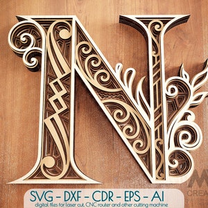 Letra N en capas, letras en capas SVG, letras multicapa, letras SVG DXF, letras cortadas con láser, letras Cricut, letras Svg de monograma