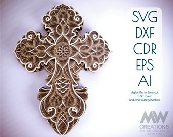 3D Mandala Cross SVG, Laser cut Cross Svg, Cricut Cross SVG, Layer Svg Cross, Religious Cross svg dxf, 3D Layered Cross for Glowforge - Cr07