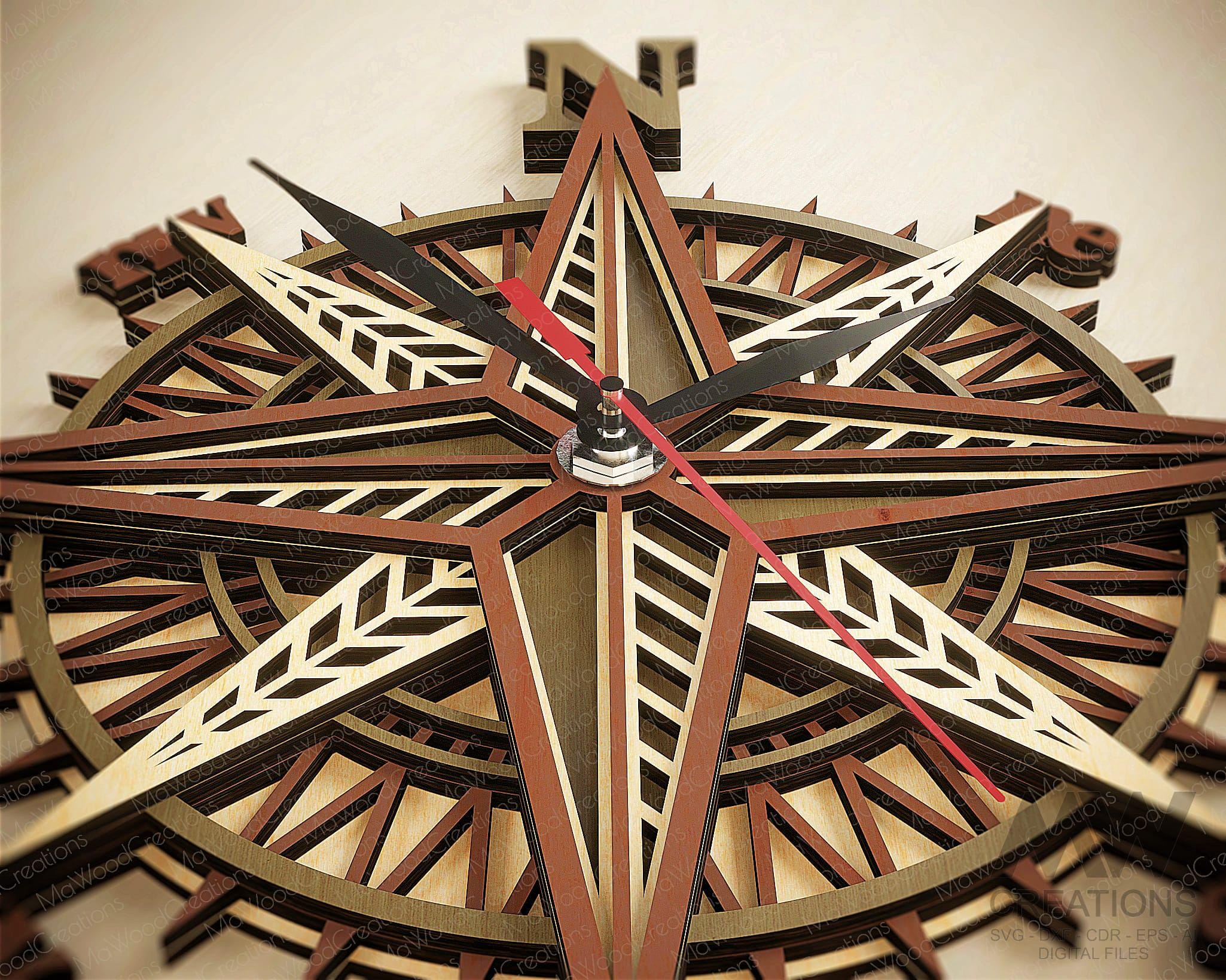 Compass Clock Svg Laser Cut Files, 3d Layered Svg Clock, Wind Rose ...