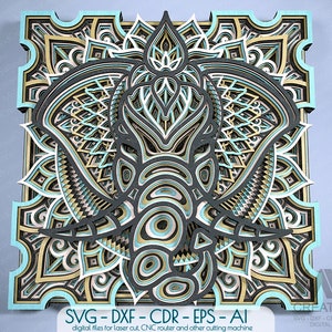 Multistrato Laser Cut Elephant Mandala, 3D Elephant Svg, File di taglio testa di elefante, Glowforge Elephant Mandala, Layered Animals Mandala Svg -A16